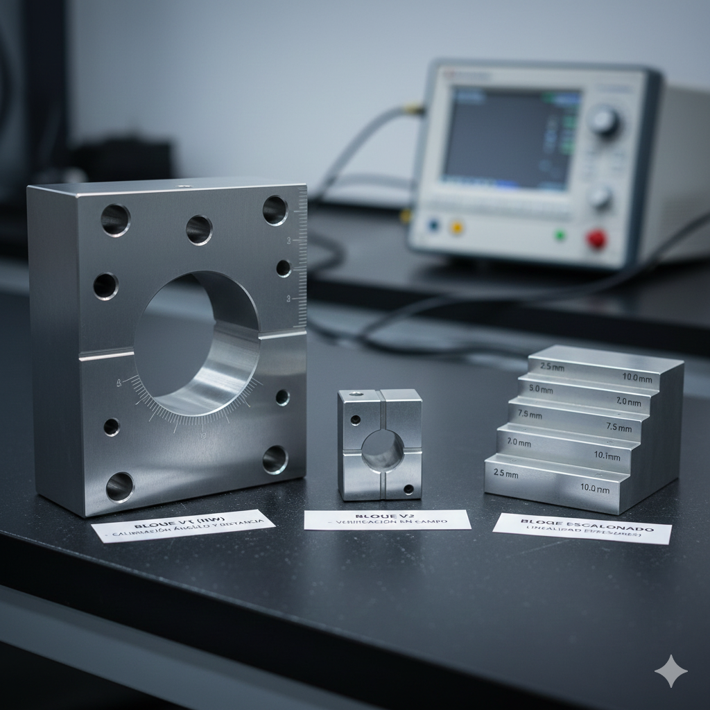 Bloques de calibración ultrasónica V1 V2 y escalonados